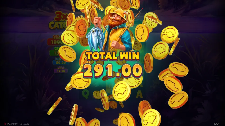 Grand Jackpot payout animation triggered by Angler and Fish symbols in 3x Catch